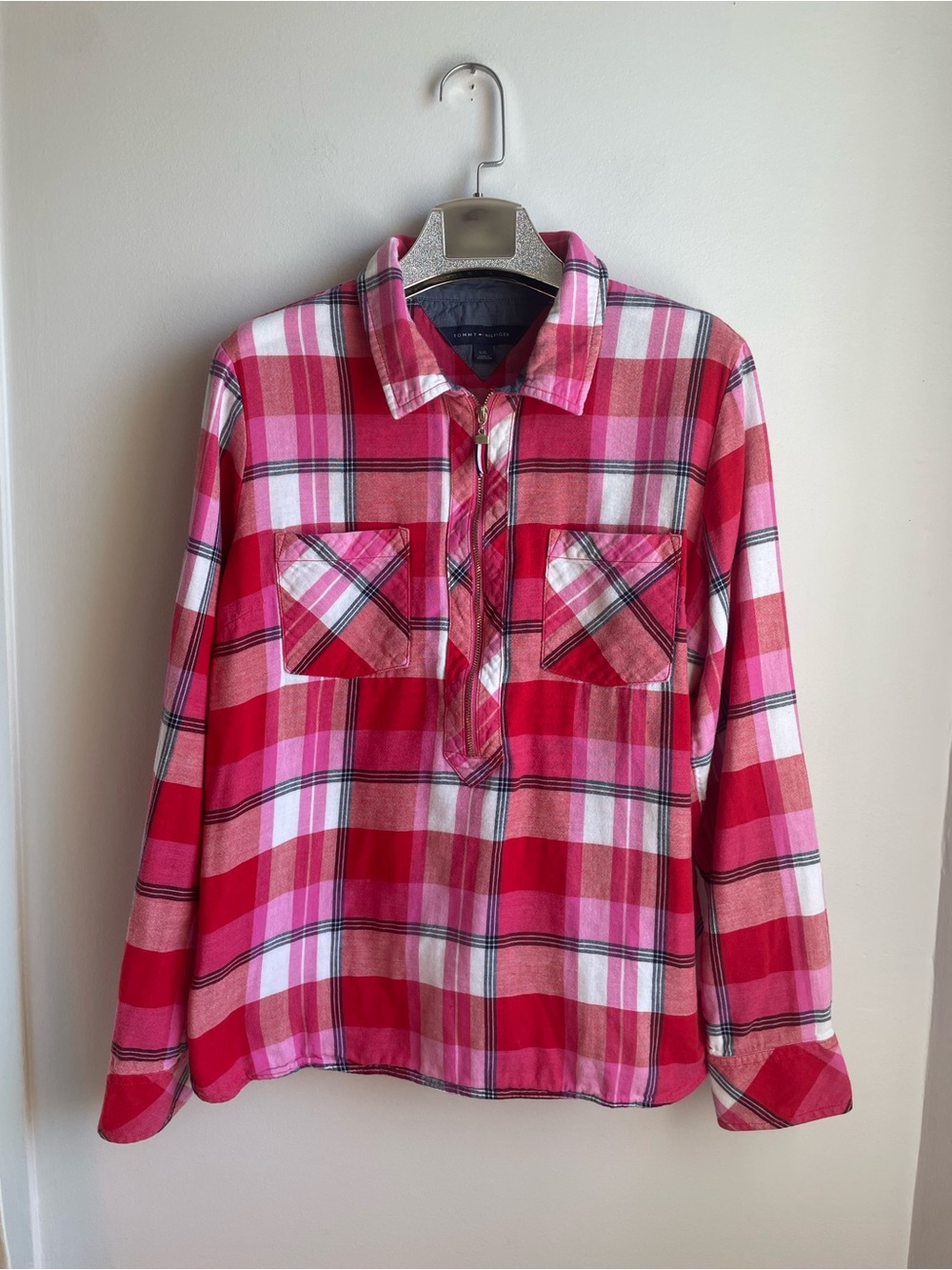 Tommy Hilfiger Red and White Plaid 1/4 Zip-up Shirt-Size L